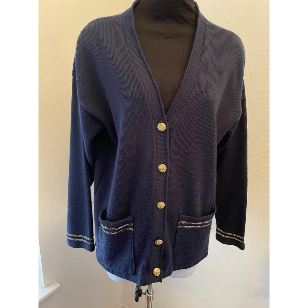The Tog Shop Womens Long Sleeve Cardigan Sweater Navy Gold button Vintage USA M